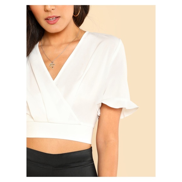 White V Neck Surplice Short Sleeve Crop Top - Picture 4 of 5